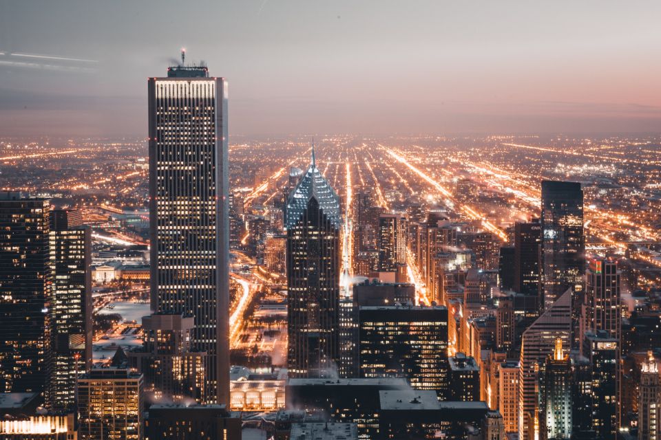 The city skyline at dusk